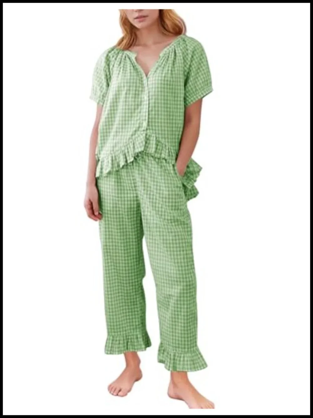 Cotton Gingham Pajama Set Ruffle Babydoll Top Wide Leg Pants Lounge Sleepwear